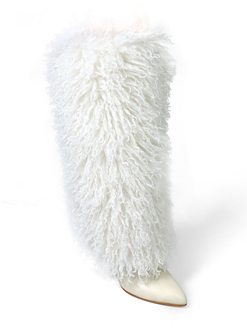 The Kiki Pointed Toe Fluffy Boot by Frederick's of Hollywood is a stylish white knee-high boot with curly fur and a pointed toe, shown on a plain white background.