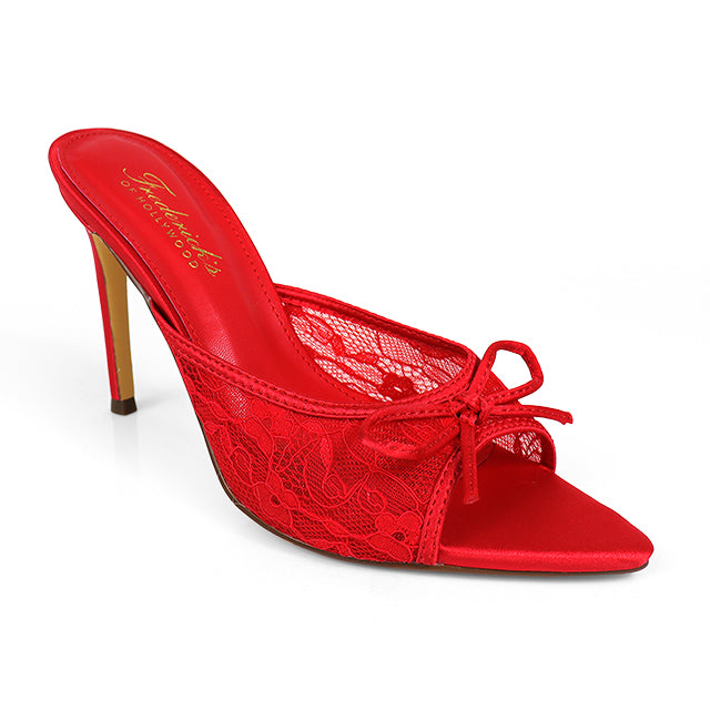 The Lacey Pointed Toe Lace Bow Heels by Frederick's of Hollywood feature a red lace upper, pointed toe, elegant bow, stiletto heel, and open back for a sophisticated and feminine look.