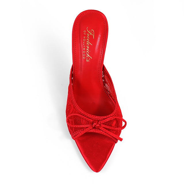 A single Lacey Pointed Toe Lace Bow Heel by Frederick's of Hollywood in red, featuring lace details, a stylish front bow, and a red insole labeled with the brand.
