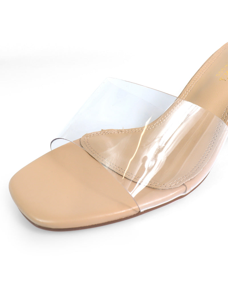 Close-up of the Lora Transparent Mule Wedges by Frederick's of Hollywood, featuring a beige square toe, wide clear strap, and glossy transparent wedge heels for a chic, minimalist look.