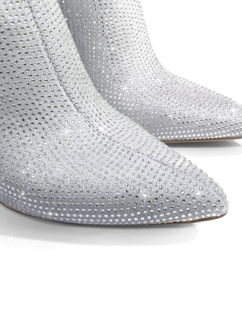 Close-up of the Nadia Rhinestone Booties by Frederick's of Hollywood, featuring pointed toes and shimmering silver rhinestones for a glamorous look.
