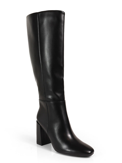 The Paola Knee High Boot by Frederick's of Hollywood is a black, chunky-heeled boot with a smooth leather finish, shown individually against a plain white background.