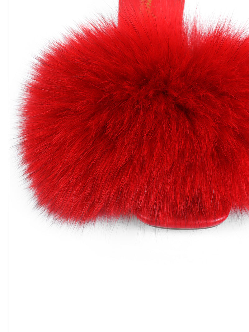 A close-up of the Frederick’s of Hollywood Purr Square Toe Fur Heel, featuring a vibrant red color, plush furry texture, and a stylish square-toe design, displayed against a white background.