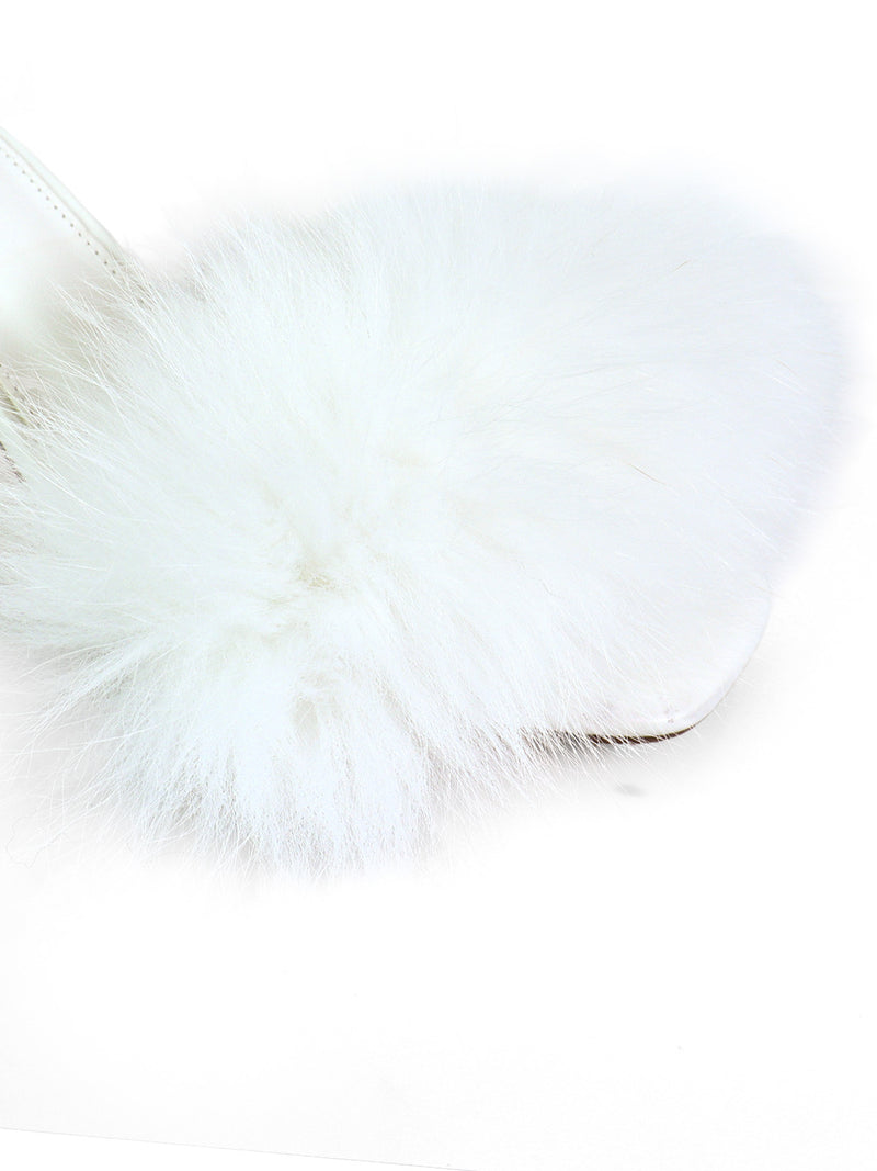A close-up of the Purr Square Toe Fur Heel by Frederick’s of Hollywood, showcasing its white, fluffy faux fur upper and chic square-toe silhouette, set against a white background.