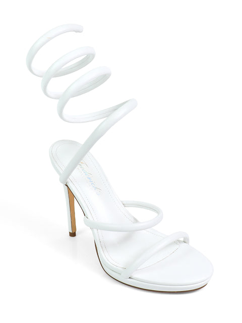 The Sabine Round Toe Heel by Frederick's of Hollywood is a white sandal with an open toe, three thin straps, and a unique spiral ankle strap—modern, sculptural heels suited for versatile styling.