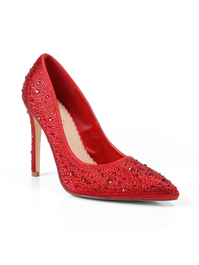 The Samantha Pump by Frederick's of Hollywood is a red satin high heel with rhinestone and bead embellishments, a pointed toe, and an elegant, sleek design.