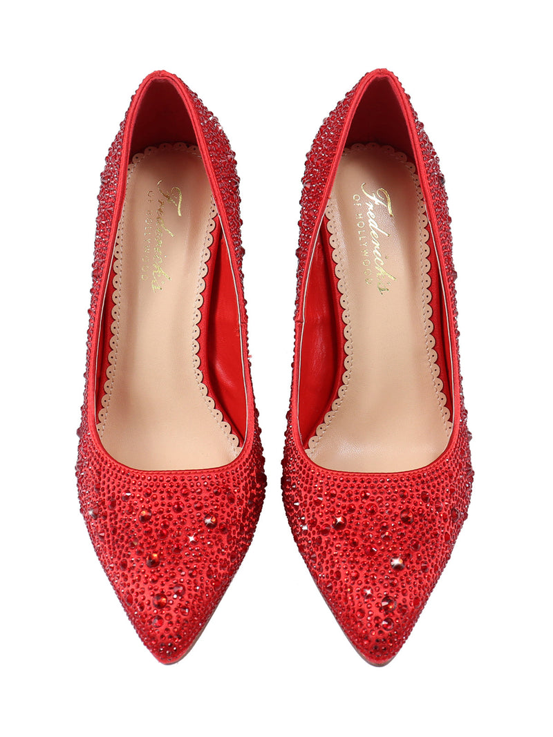 A pair of Samantha Pumps by Frederick's of Hollywood in red satin with sparkling rhinestone accents, seen from above on a white background. The beige insoles feature gold text and scalloped edges.