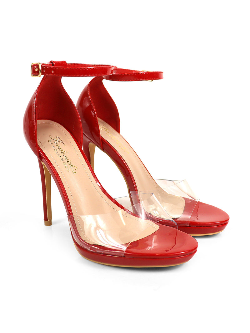 Stacy Ankle Strap Heels by Frederick's of Hollywood are red, elegant heels featuring ankle straps and clear vinyl toe bands, displayed on a white background.