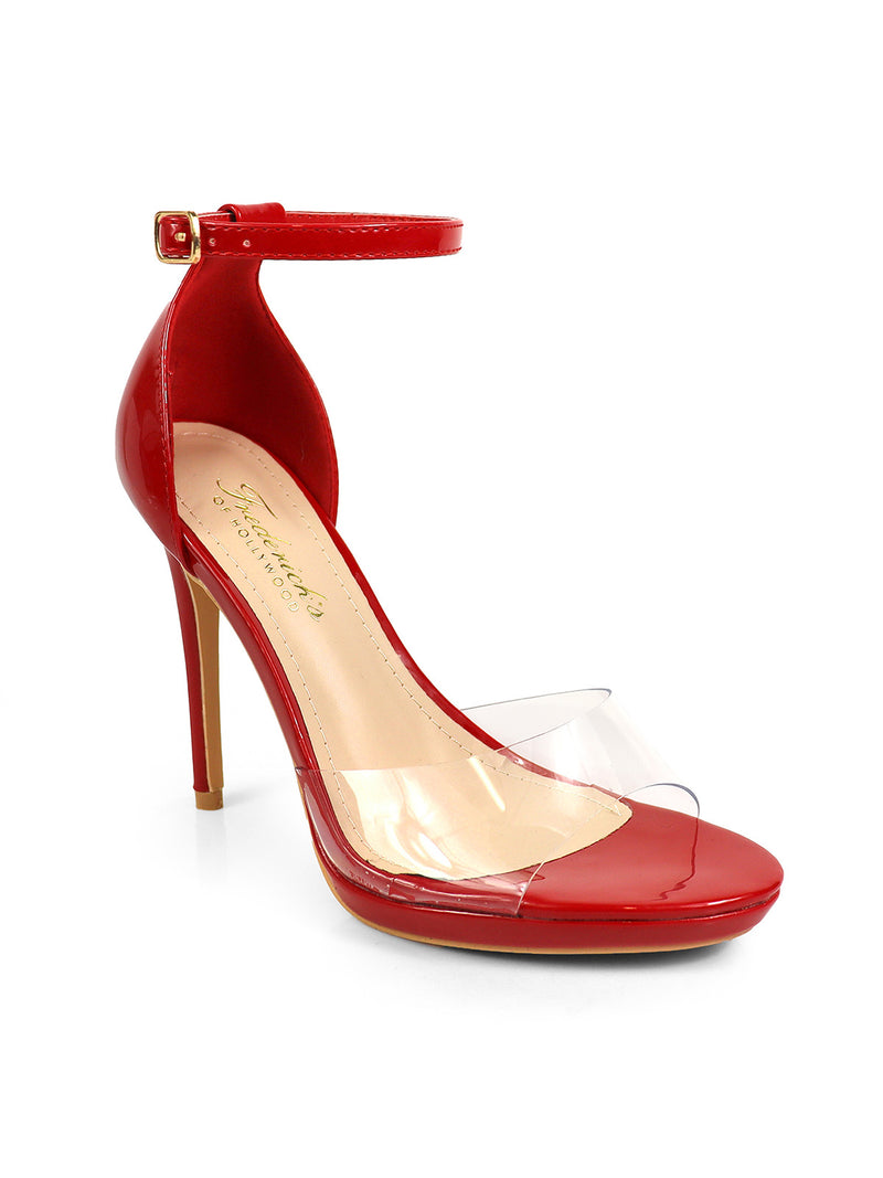The Stacy Ankle Strap Heels by Frederick's of Hollywood feature a chic red design with a buckle, clear toe strap, and beige insole—perfect for adding elegance to any outfit.