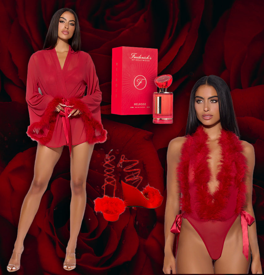 Two women in red outfits with a red perfume bottle and packaging on a red background