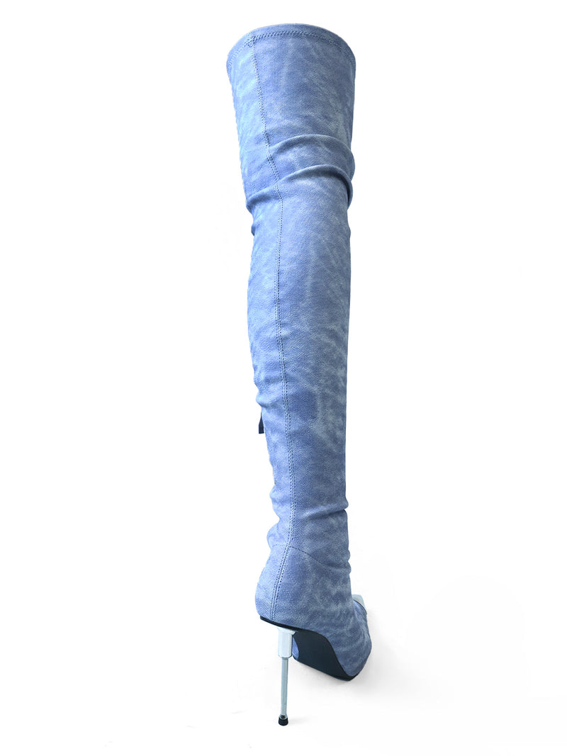 The Una Thigh High Boots by Frederick's of Hollywood feature a single light blue, pointed-toe boot with a high stiletto heel, shown from the back against a white background.