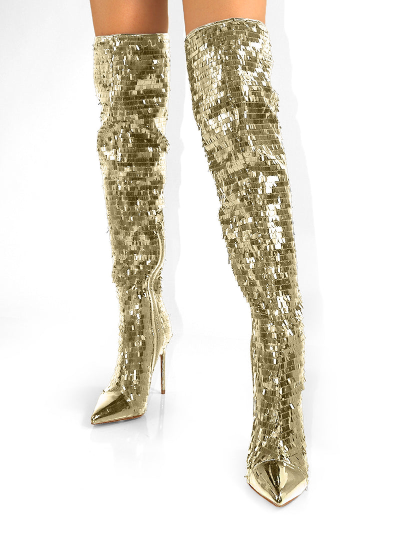 Vitoria Sequin Knee High Boots - Frederick's of Hollywood