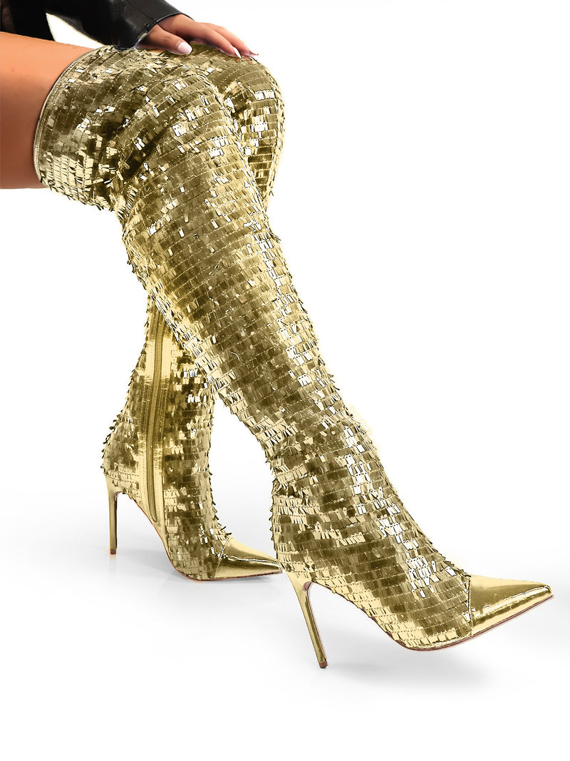 Vitoria Sequin Knee High Boots - Frederick's of Hollywood