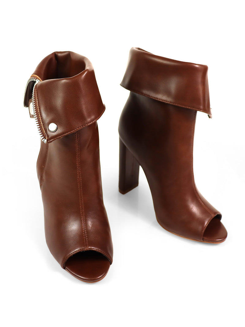 The Yani Folded Ankle Boots by Frederick's of Hollywood are brown modern ankle boots with open toes, wide folded cuffs, and side zipper detailing, crafted from smooth leather and shown on a white background.