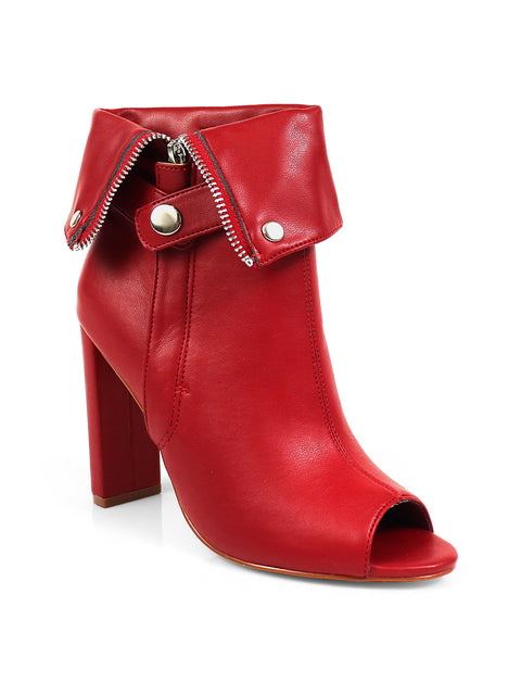 The Yani Folded Ankle Boots by Frederick's of Hollywood feature a red high heel, peep toe, folded-over cuff, decorative zipper, silver snap buttons, block heel, and smooth leather finish for a bold contemporary look.