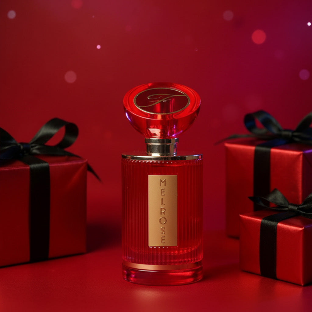 Red perfume bottle with Melrose label on a red background with gift boxes