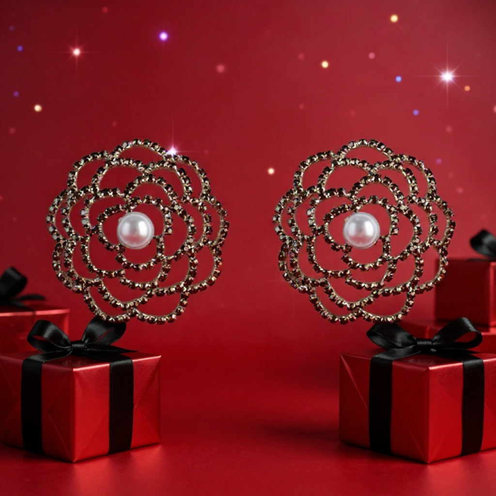 Decorative items on red boxes with a red background