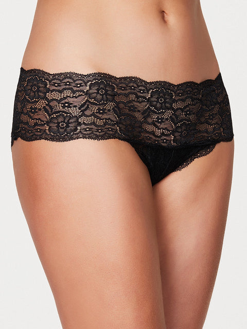 A model showcases the Ashlynn Allover Lace Hipster by Frederick's of Hollywood, revealing the lower torso and upper thighs against a plain white background.