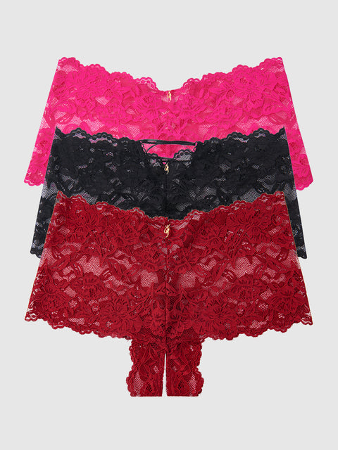 Mabel Crotchless Lace Up Back Cheeky 3 Pack - Frederick's of Hollywood