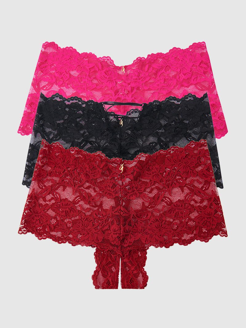 Mabel Crotchless Lace Up Back Cheeky 3 Pack - Frederick's of Hollywood