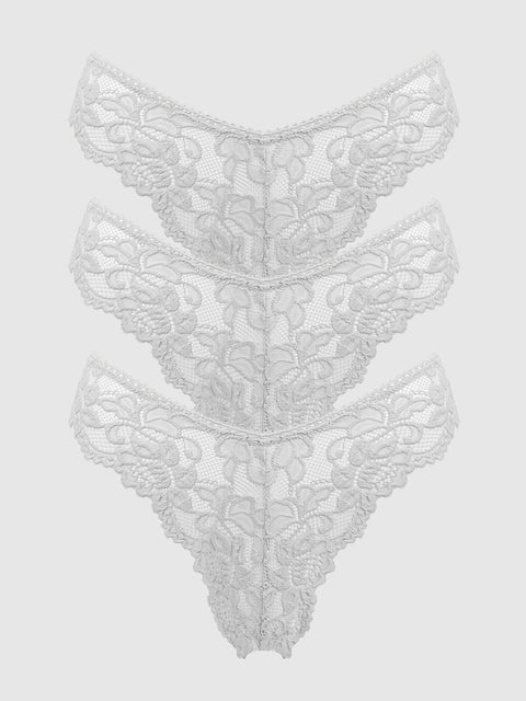 Three pairs of white Jessica Lace Tanga from Frederick's of Hollywood, featuring a floral pattern and stacked on a light gray background—the perfect 3-pack for everyday elegance.