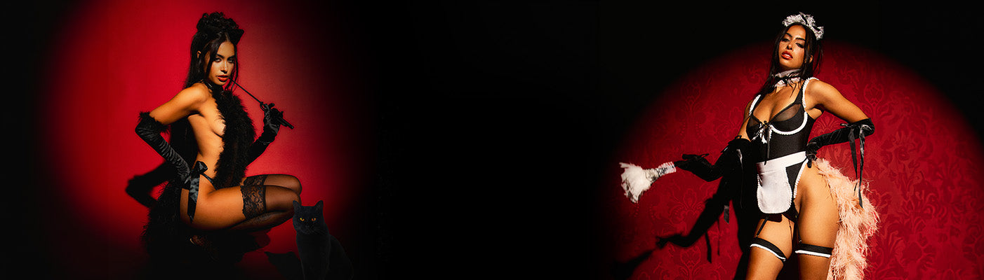 Two women in black and white lingerie against a red background