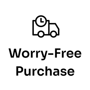 A black outline of a delivery truck with a clock above it, symbolizing timely shipping, appears above the bold text "Worry-Free Purchase" by Seel on a white background.