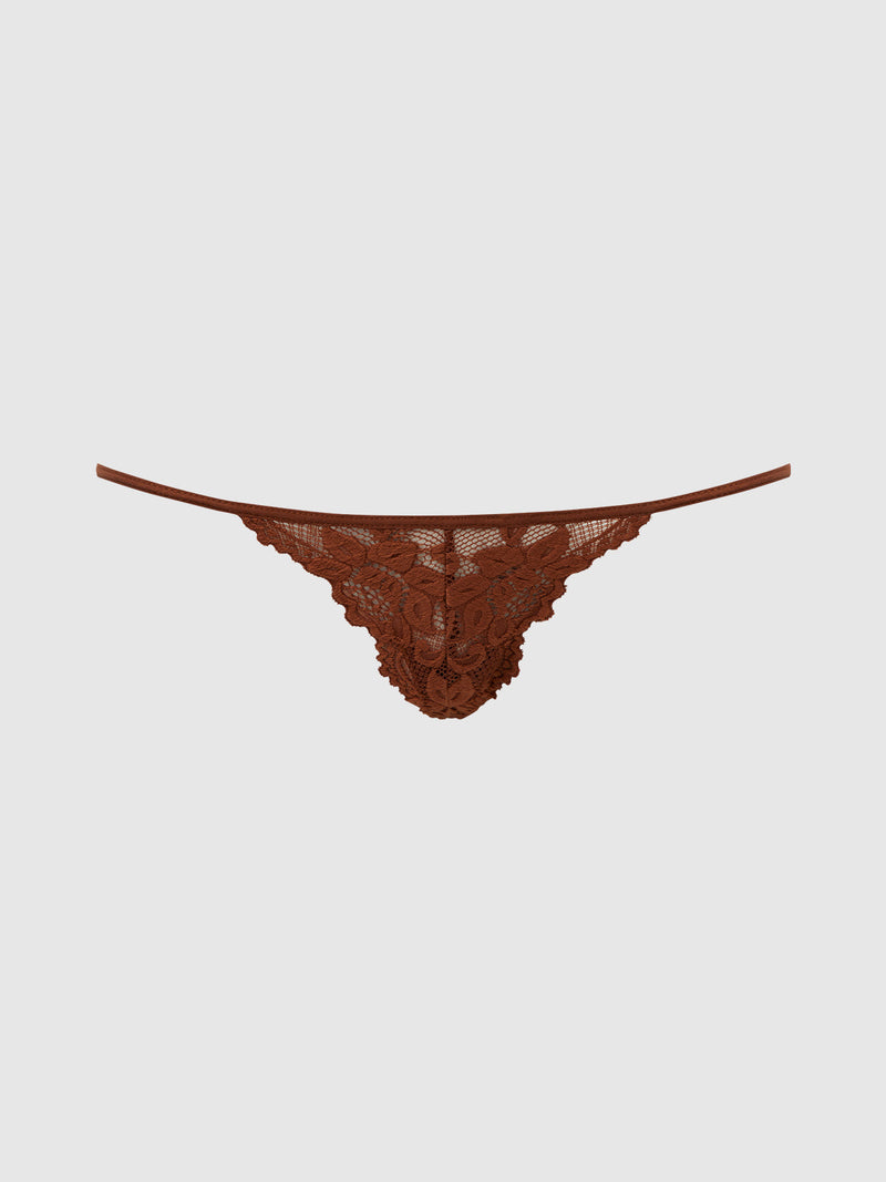 The Jessica Lace Mini G-String by Frederick's of Hollywood features delicate floral lace in rust and slim side straps—perfect lingerie for an elegant touch, shown on a plain white background.