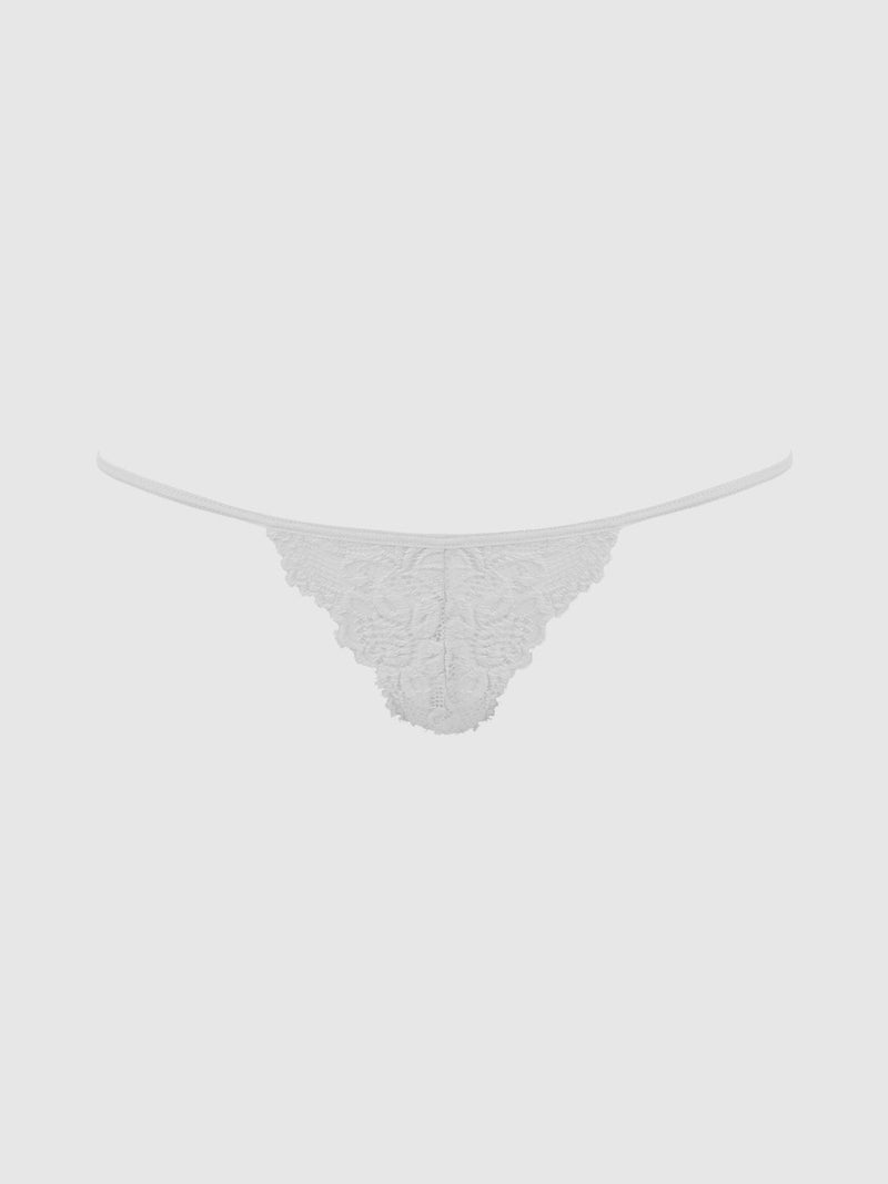 The Jessica Lace Mini G-String by Frederick's of Hollywood is a delicate white lace lingerie piece with thin side straps, shown on a plain light gray background.