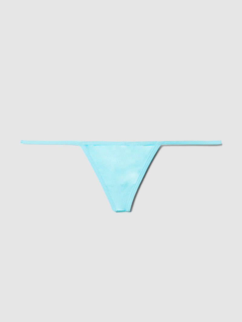 The Hollywood Heartthrob Mini G-String by Frederick's of Hollywood is a light blue microfiber thong-style bikini bottom with thin side straps, shown on a plain light gray background.