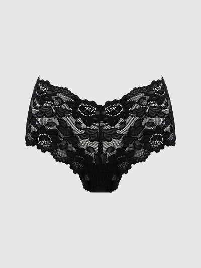 The Jessica Lace Cheeky by Frederick's of Hollywood features black floral lace, a high-waisted fit, and scalloped edges, showcased against a plain light gray background.