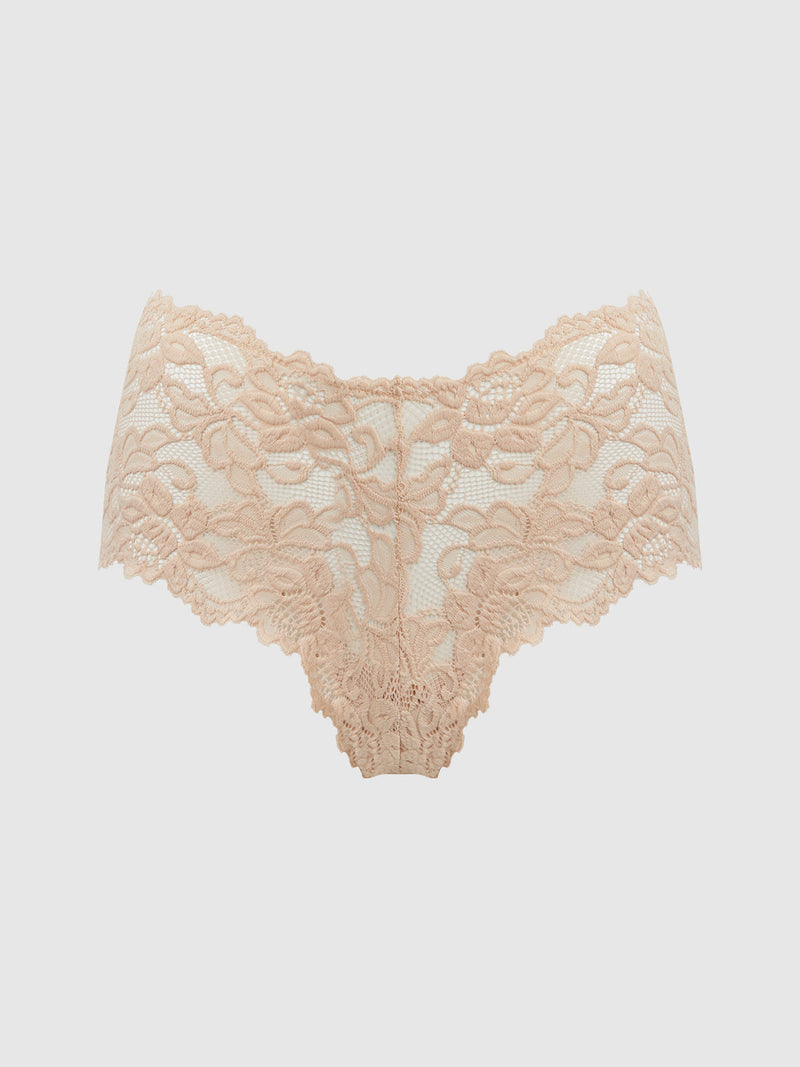 The Frederick's of Hollywood Jessica Lace Cheeky 3 Pack features beige floral-patterned underwear with scalloped edges at the waistband and legs, displayed on a plain light background.