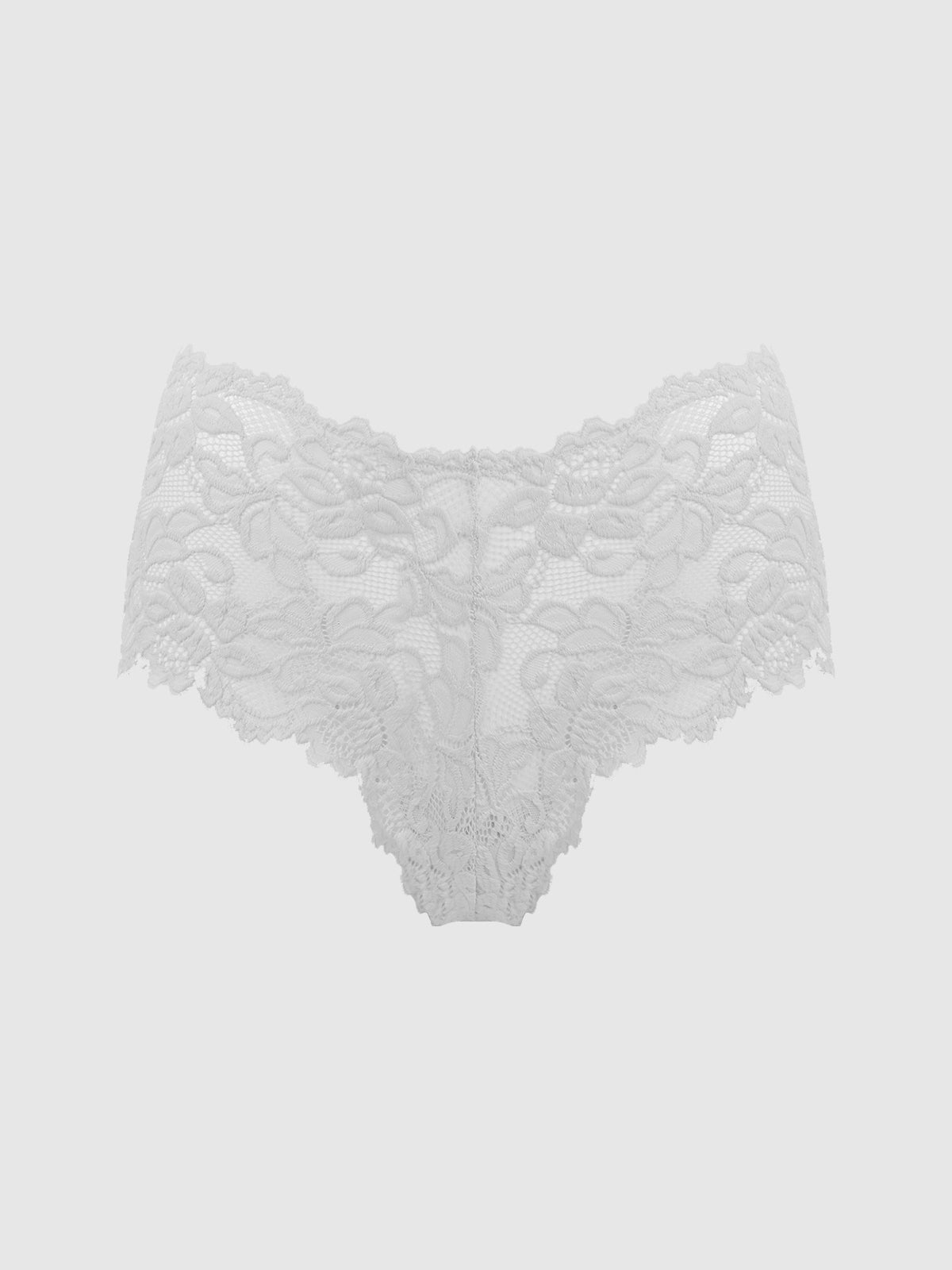 The Jessica Lace Cheeky 3 Pack by Frederick's of Hollywood features white floral lace women's underwear with scalloped edges and a semi-sheer, cheeky design, displayed on a plain light gray background.