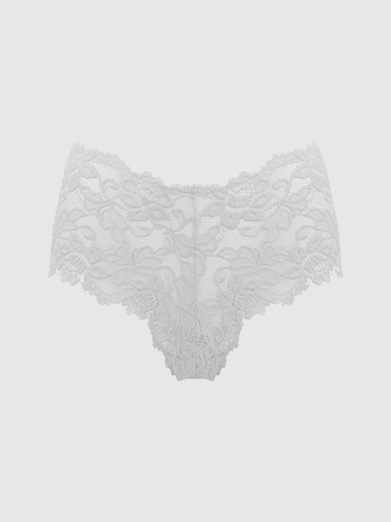 The Jessica Lace Cheeky 3 Pack by Frederick's of Hollywood features white floral lace women's underwear with scalloped edges and a semi-sheer, cheeky design, displayed on a plain light gray background.