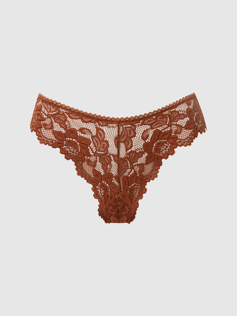 The Jessica Lace Tanga by Frederick's of Hollywood showcases rust floral lace in a thong style with scalloped edges and minimal coverage, set against a plain white background.