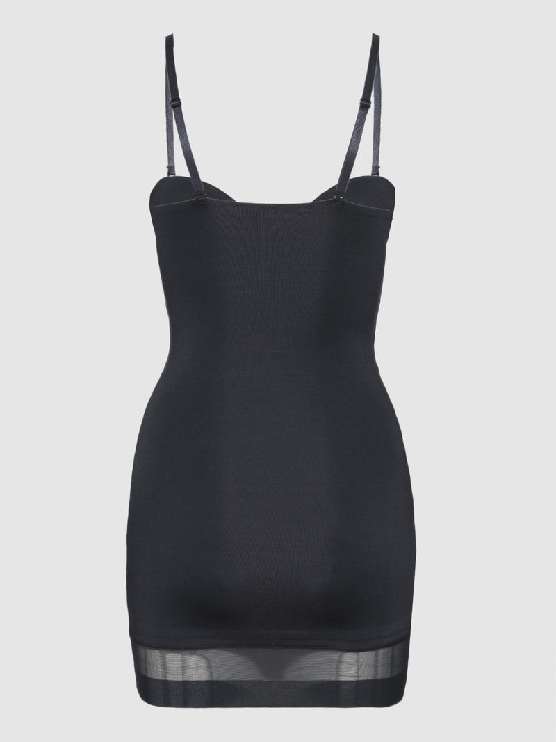 The Frederick's of Hollywood Hollywood Shape Chemise is a black contour shaping slip dress with adjustable spaghetti straps and a sheer hem panel, shown against a plain light background.