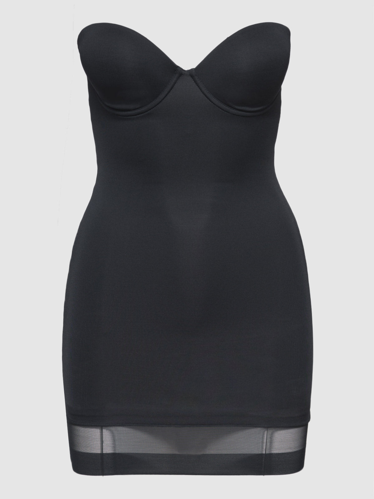 The Hollywood Shape Chemise by Frederick's of Hollywood is a black slip dress featuring built-in cups, a fitted silhouette, and a sheer mesh hem panel, shown against a plain white background.