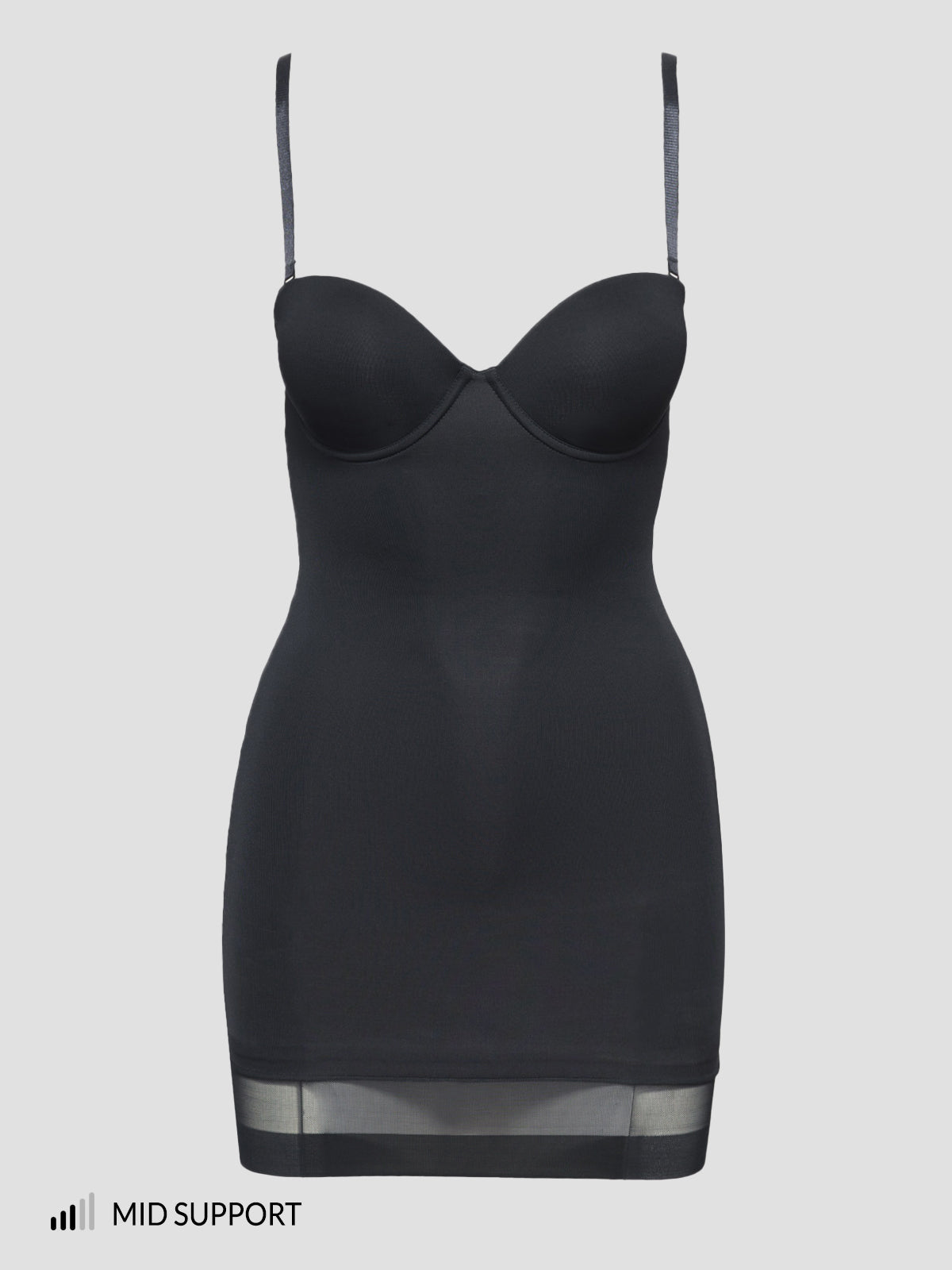 The Frederick's of Hollywood Hollywood Shape Chemise is a black, form-fitting slip with adjustable spaghetti straps, built-in underwire bra, and contour mesh hem panel. MID SUPPORT icon appears in the lower left corner.