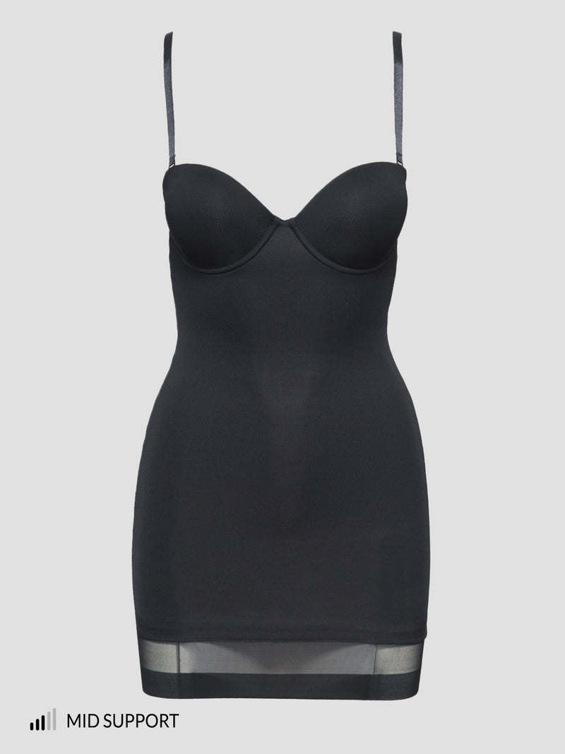 The Frederick's of Hollywood Hollywood Shape Chemise is a black, form-fitting slip with adjustable spaghetti straps, built-in underwire bra, and contour mesh hem panel. MID SUPPORT icon appears in the lower left corner.