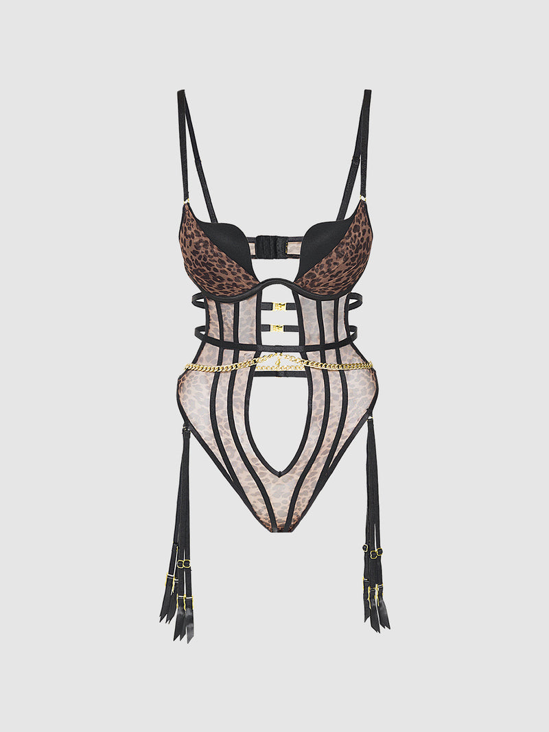 The Alanza Swirl Plunge Push Up & Strappy Teddy by Frederick's of Hollywood features black sheer mesh with leopard print, push-up cups, gold hardware, strappy accents, and removable garters, shown against a plain white background.