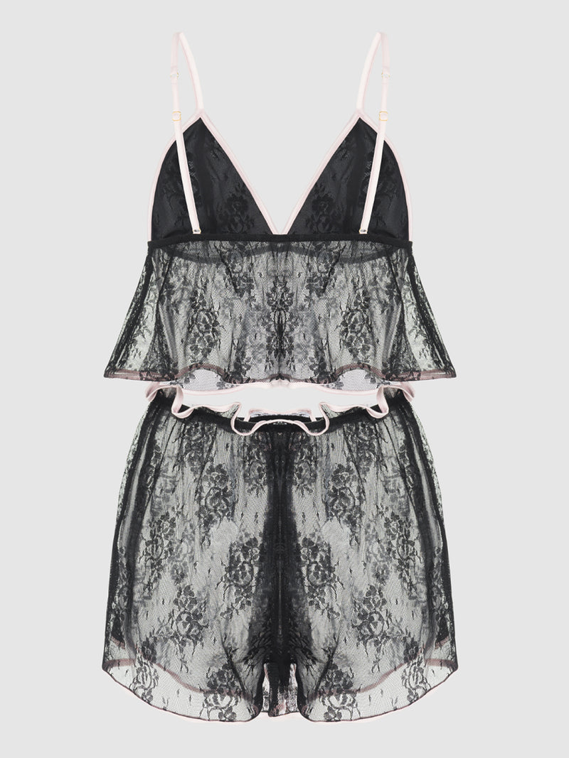 Rosalind Lace & Satin Trimmed Sleep Cami & Shortie - Black