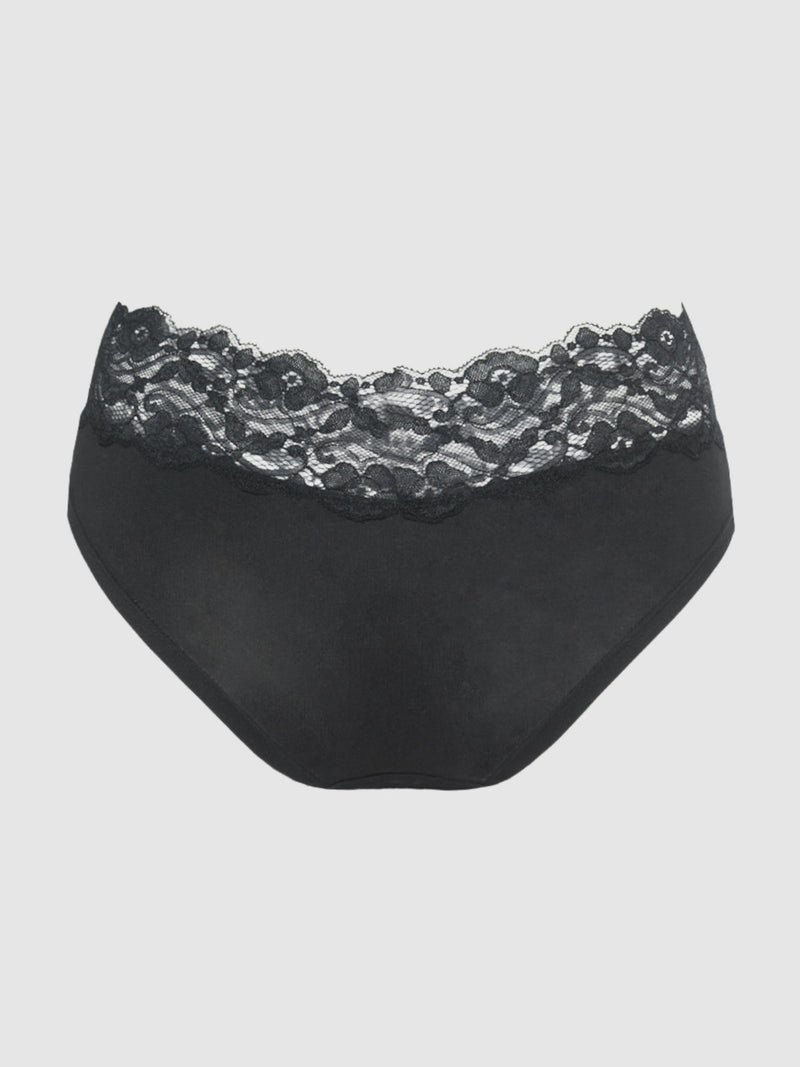 The Bridget Cotton & Lace Hipster by Frederick's of Hollywood features a wide lace waistband and a solid stretch cotton bottom for everyday comfort, shown against a plain light gray background.