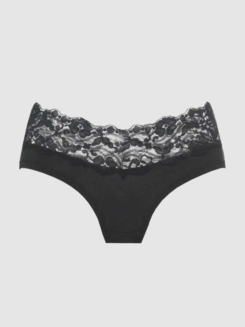 The Bridget Cotton & Lace Hipster by Frederick's of Hollywood features a floral lace waistband and solid stretch cotton body for everyday comfort and style, shown against a plain white background.