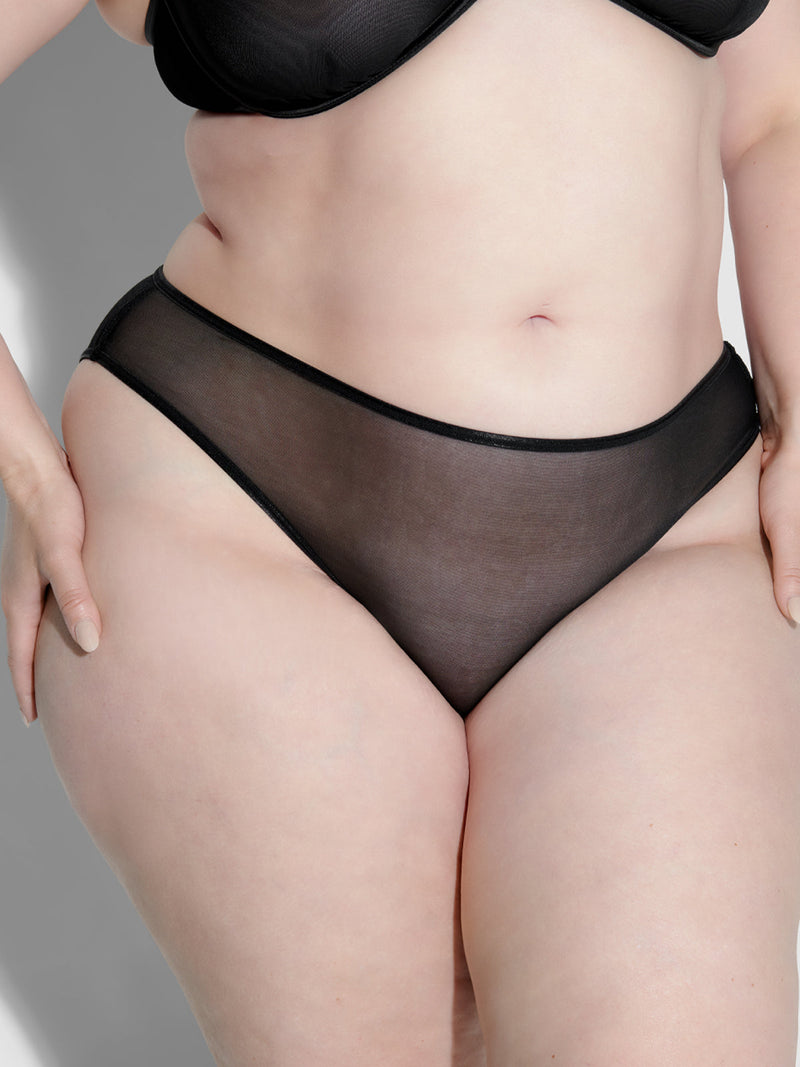 A person wearing the Viv Ultra Fine Mesh Hipster by Frederick's of Hollywood, shown in a close-up of their midsection and upper thighs against a neutral background.