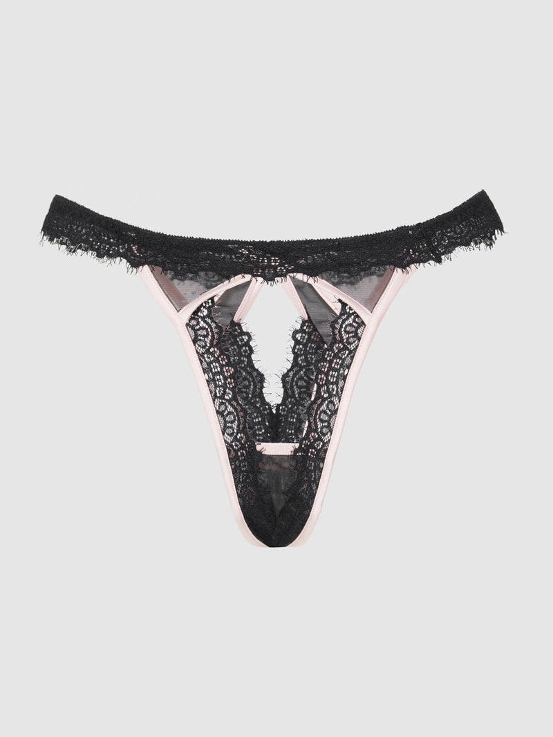 Frederick's of Hollywood Rosalind Satin & Lace Trim High-Waist Tanga features a flirty sheer floral lace, cut-out accents, and light pink trim, shown against a plain gray backdrop.