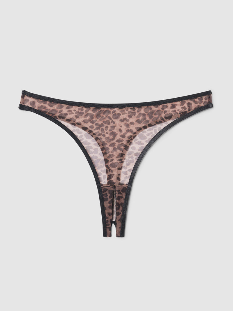 The Vivienne Crotchless Mesh Thong by Frederick's of Hollywood features a brown and black leopard print, ultra-fine mesh, and black trim. Displayed on a plain white background.