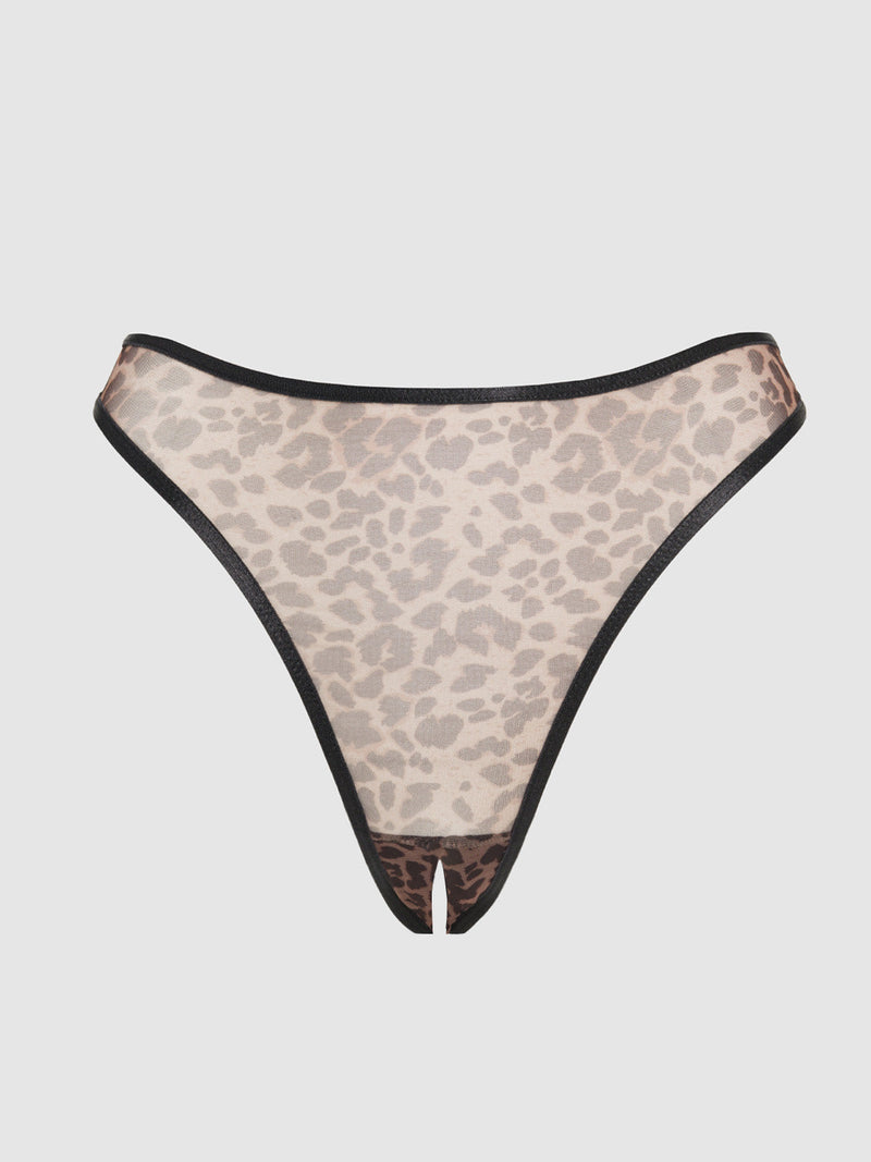 The Vivienne Crotchless Mesh Thong by Frederick's of Hollywood is a women's high-cut thong in beige and brown leopard print with black trim, crafted from ultra-fine mesh and shown on a plain light background.