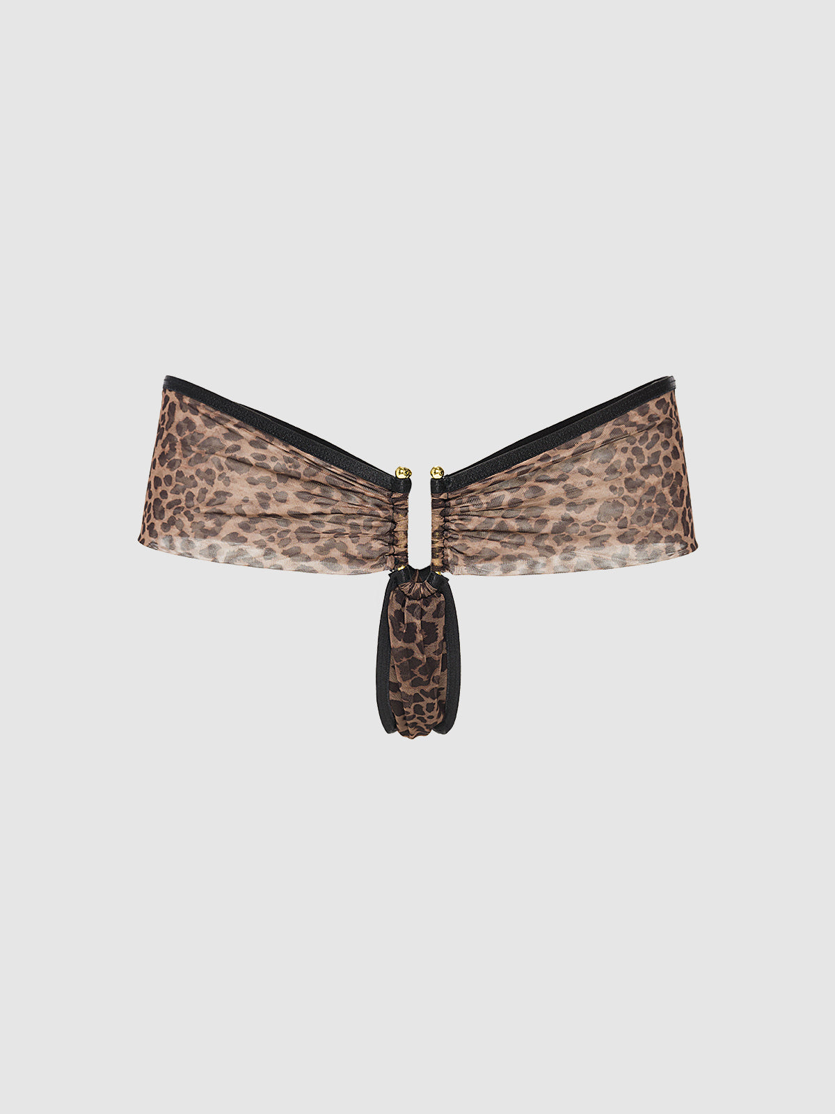 The Frederick's of Hollywood Alanza Ultra Fine Mesh Hardware Thong features a leopard print, gathered front center, gold bead accents, V-shaped waistband, and removable gusset, shown on a plain white background.