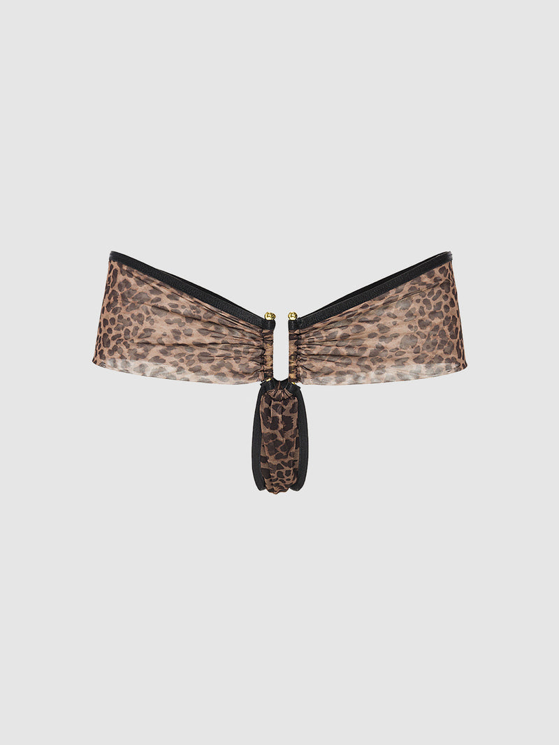 The Frederick's of Hollywood Alanza Ultra Fine Mesh Hardware Thong features a leopard print, gathered front center, gold bead accents, V-shaped waistband, and removable gusset, shown on a plain white background.