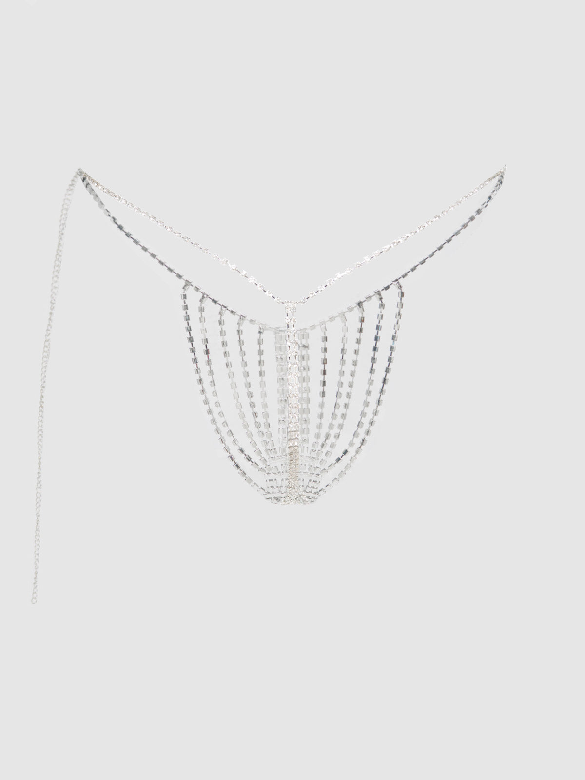 The Frederick's of Hollywood Ziggy Rhinestone Vertical Thong features silver chains and cascading rhinestones in a V-shaped design, reminiscent of a rhinestone-studded thong, displayed against a plain gray background.